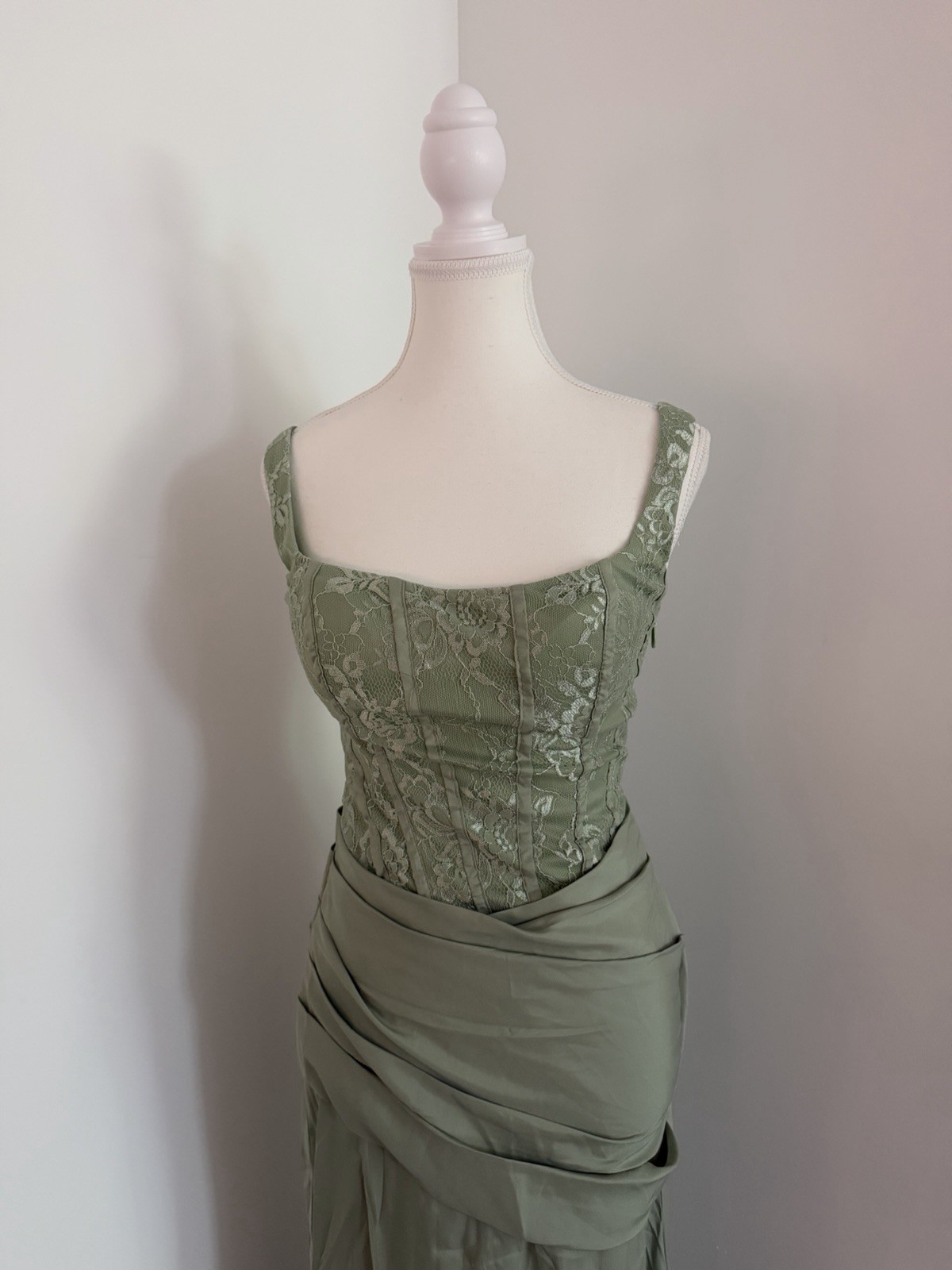 Green Floral Lace Corset Ruched Maxi Dress Square Neck Lace-Up Formal Size 2