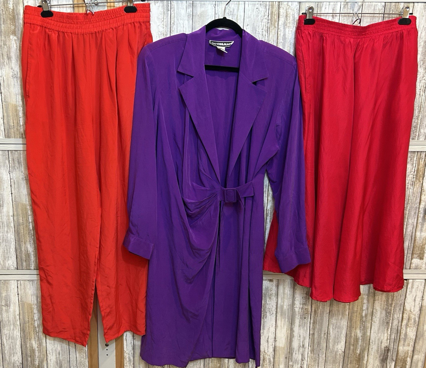Lot Of Three 100% Silk Vtg 80s Women’s Purple Dress Red Pants Red Skirt