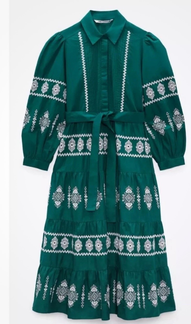 ZARA SS22 GREEN COLLARED MIDI EMBROIDERED DRESS RUFFLED HEM SIZE M 6895/051