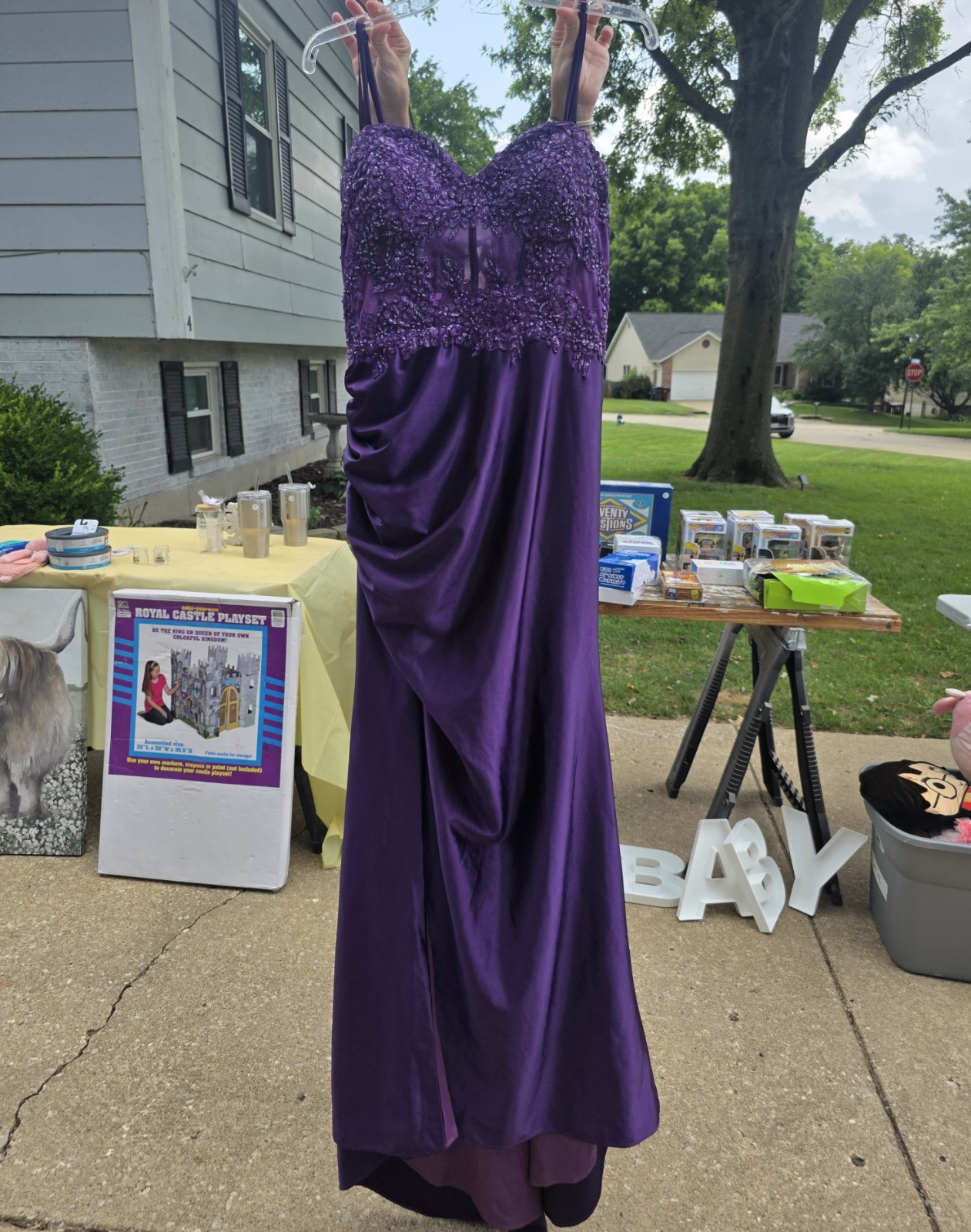 Purple Satin Beaded Sequin Sweetheart Lace-Up Long Gown, Lined, Size 14