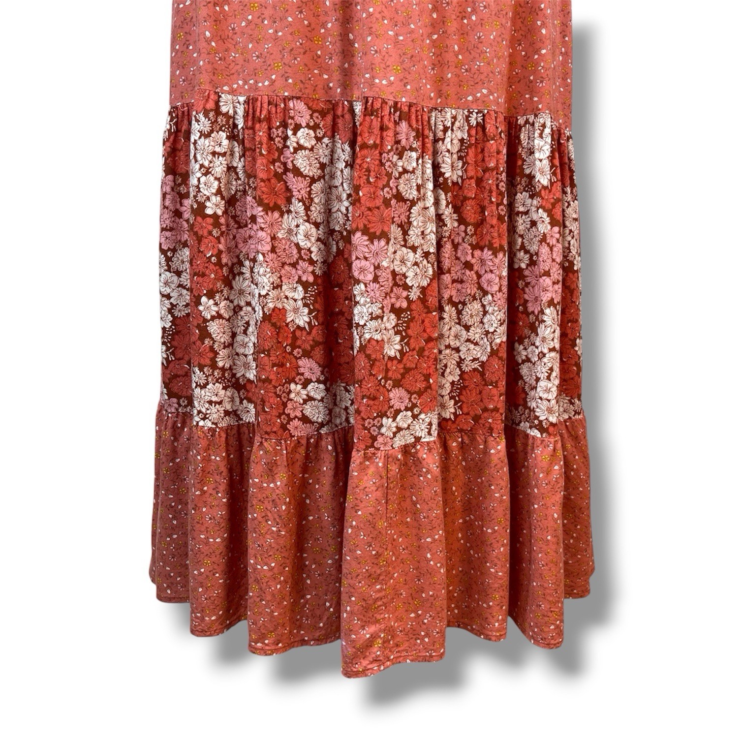 Floral Maxi SunDress Smocked Rust Orange Tiered Dress Cottagecore Boho Chic, S