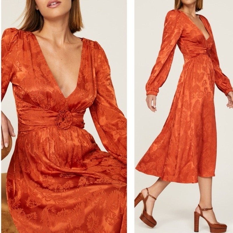 Love, Whit Whitney Port Orange Jacquard Long Sleeve V-Neck Midi Cocktail Dress M