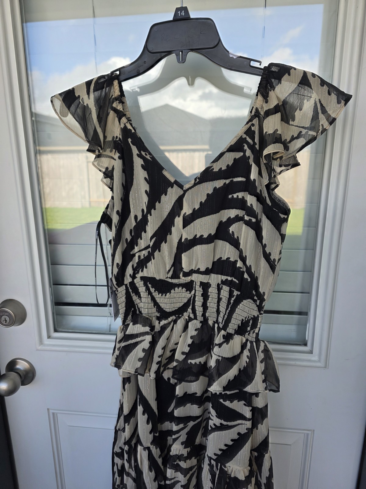 Kensie Dress Size 2 Black Beige Ruffle V Neck Midi Fit Flare Sheer Overlay $129