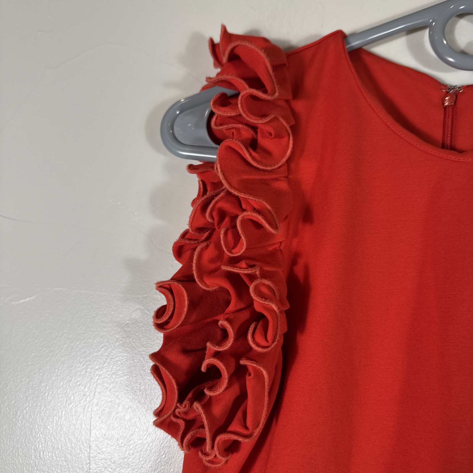 Amanda Uprichard Spandex Nylon Dress Tomato Red Medium Stretchy Ruffle Sleeves