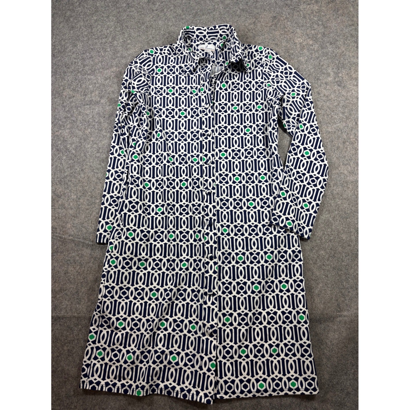 Jude Connally Navy Green Geometric Link Print Button Front Shirt Dress Womens M