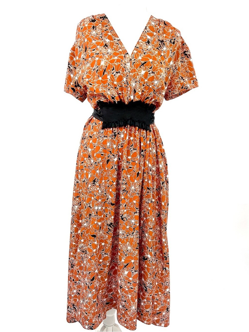 Cedric Charlier Floral Print Midi Dress Italy Orange Black Belted Size 6 Luxury