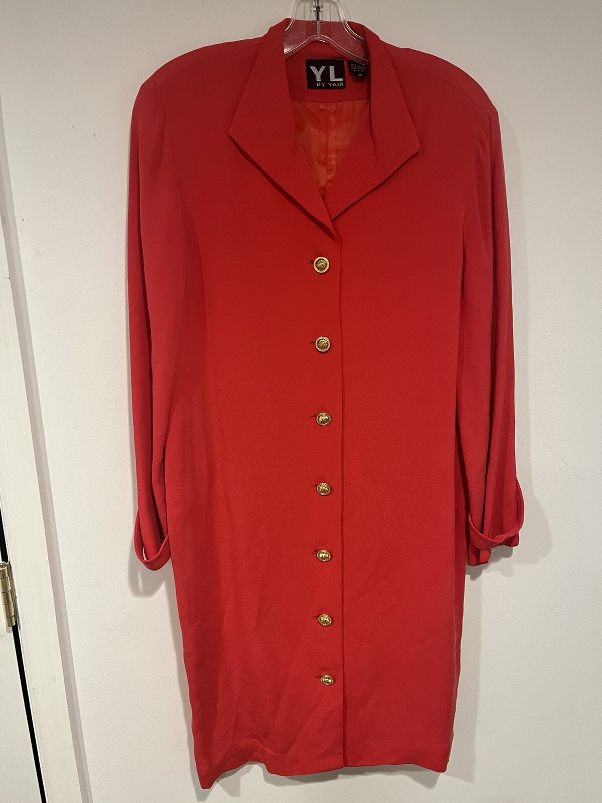 YL By YAIR Womens Shift Dress Red Button Down Long Sleeve 100% Silk 10