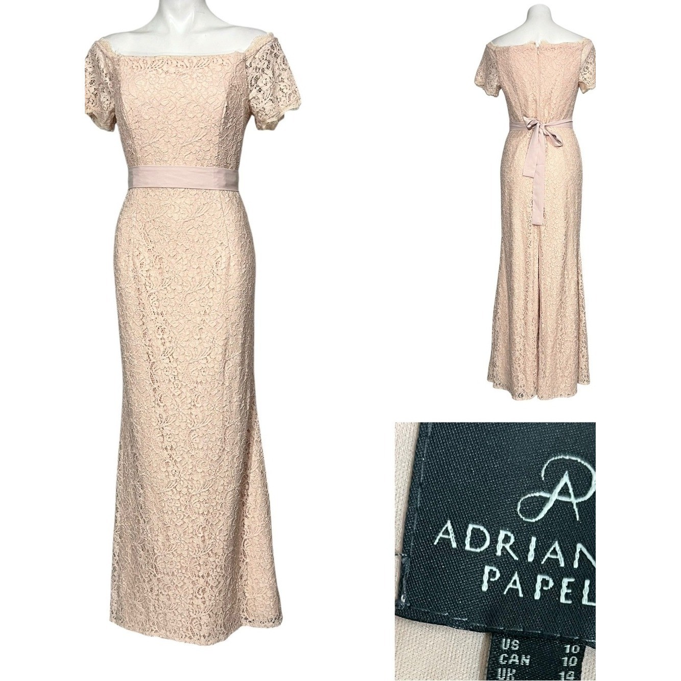 Adrianna Papell dress sz 10 Lace Off-Shoulder Maxi Dress Blush cream beige