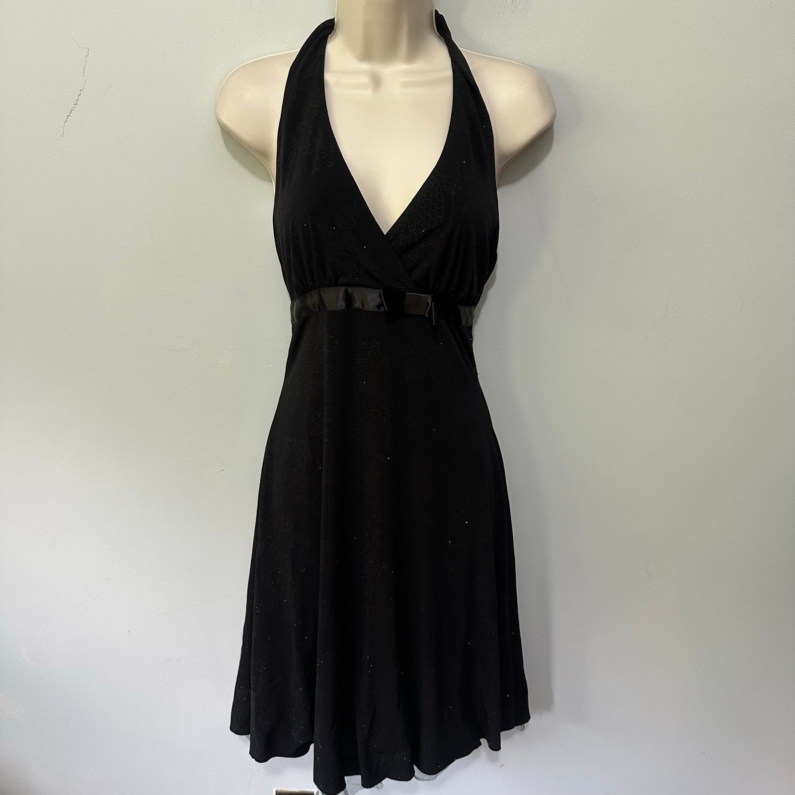 Vintage B Darlin Dress 5/6 Black Halter Plunging V-Neck Tulle Lined Y2K Coquette