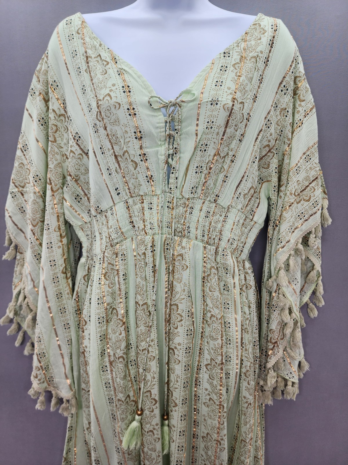 Anthropologie Me 2 Magic S Mint Green Floral Gold Metallic Stripes Maxi Dress