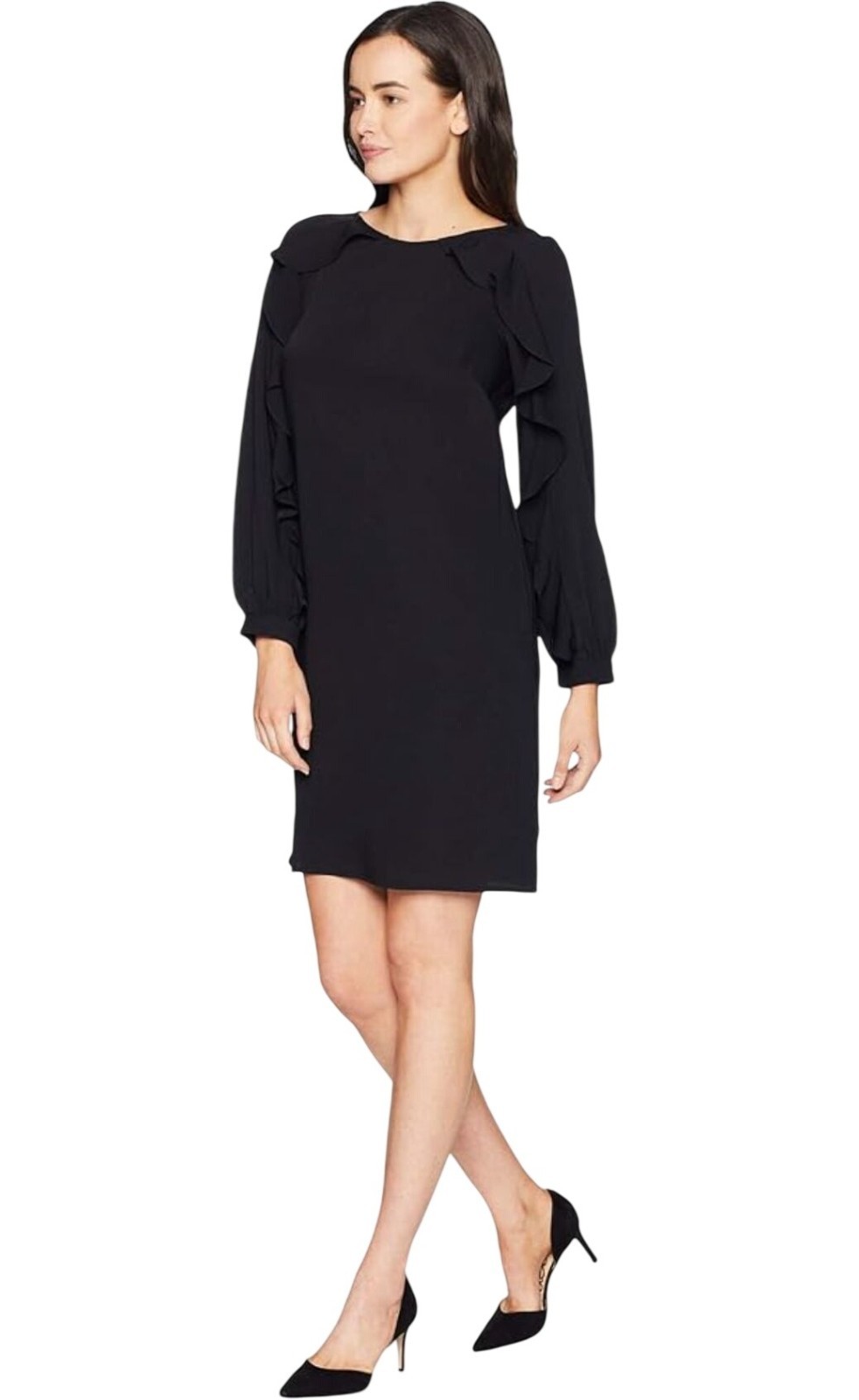 Chaps Black Ruffle Long Sleeve Shift Dress Size 12 Classic All-Season Wedding