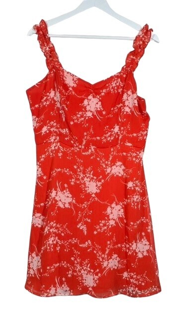 All In Favor Mini Dress Size L Red White Floral Ruffle Straps Chiffon Summer