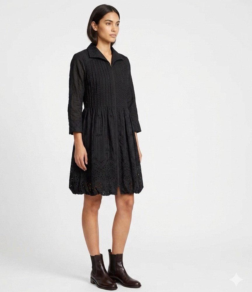 Samuel Dong Bubble Dress Size Medium Black Eyelet 3/4 Sleeve Collar Zip Front