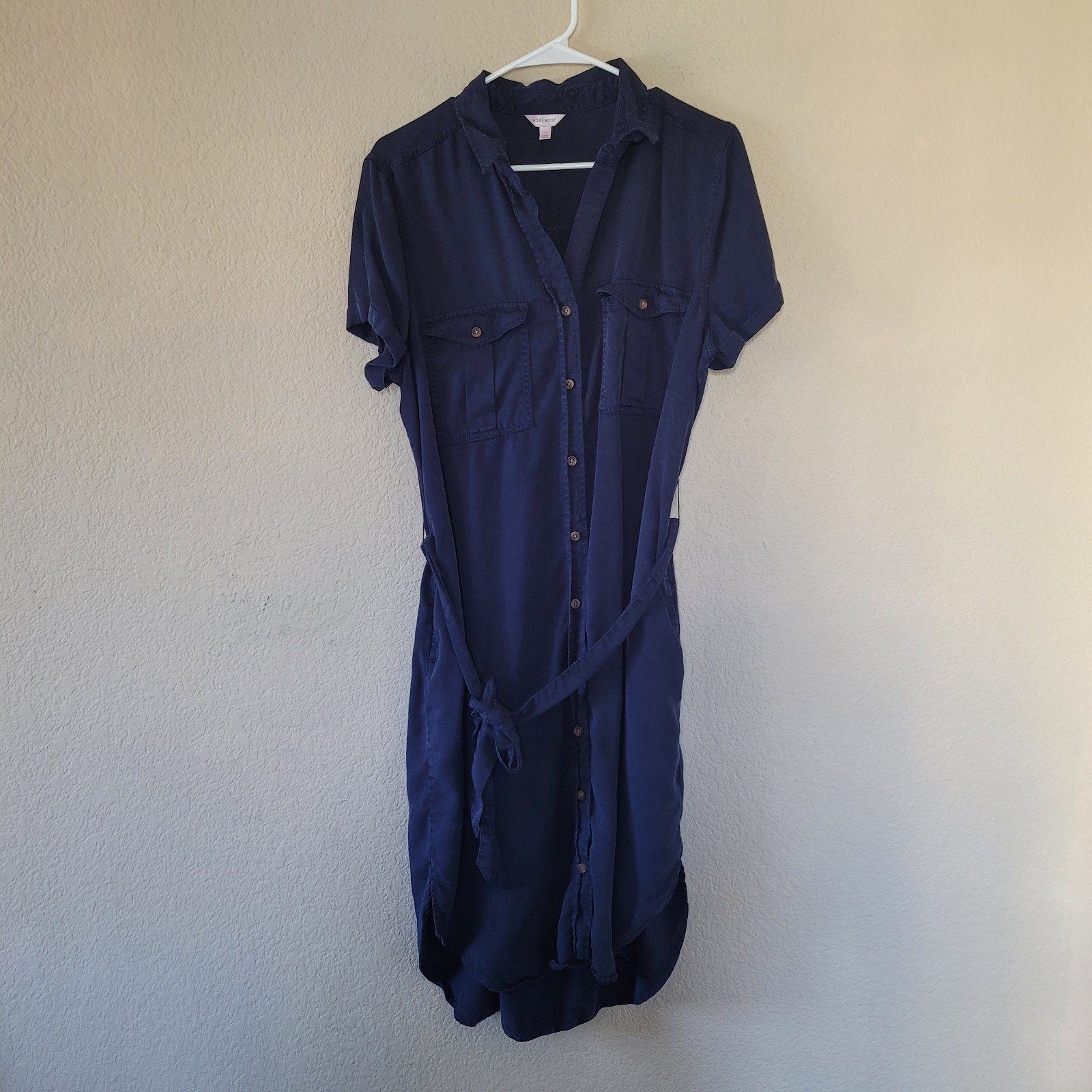 Utility Safari Teddi Rose Womens Large Navy Blue Tencel Button Front Shirt Dress