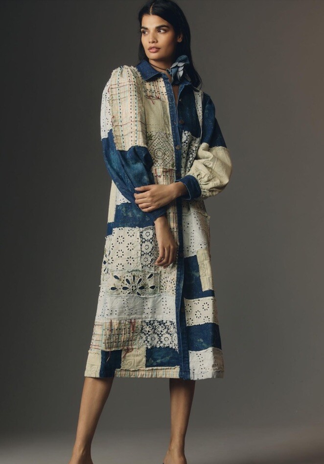 Anthropologie Let Me Be Denim Patchwork Shirt Dress Coat Lace Blue Motif S NEW