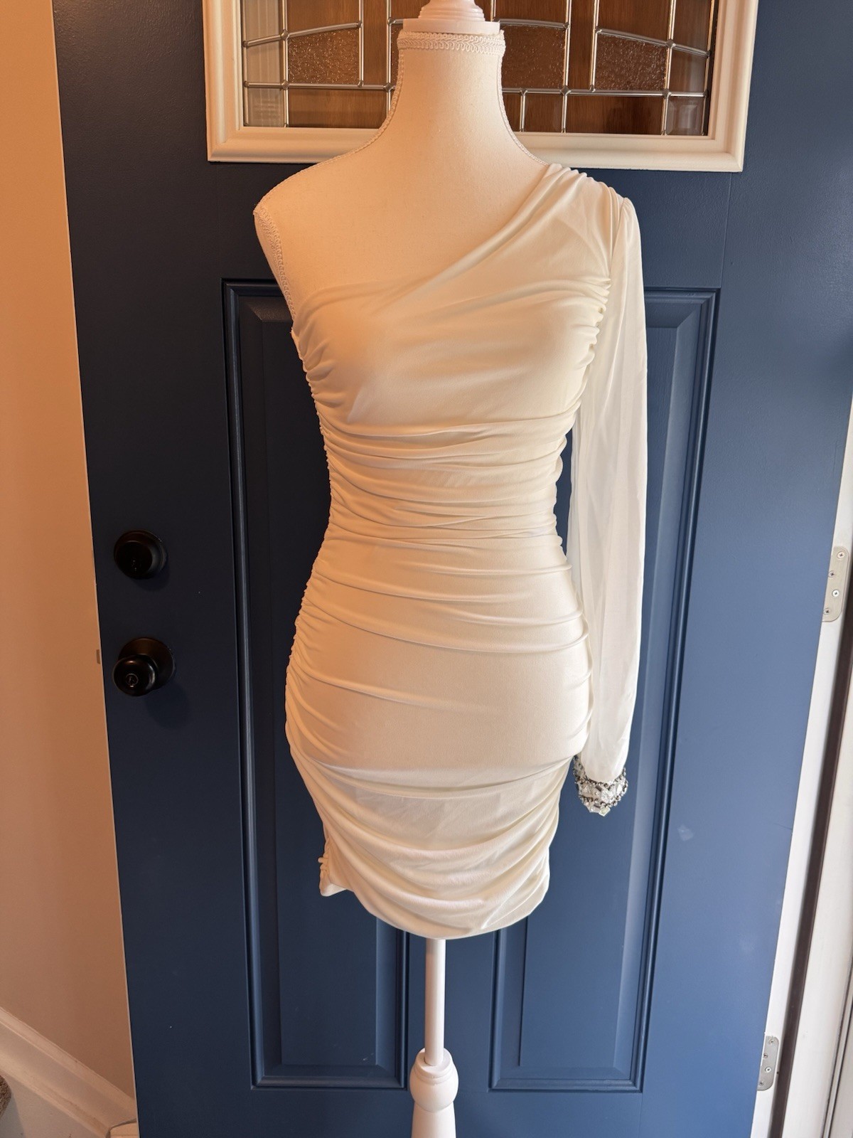 deb White One-Shoulder Ruched Mini Bodycon Beaded Cuff Dress S