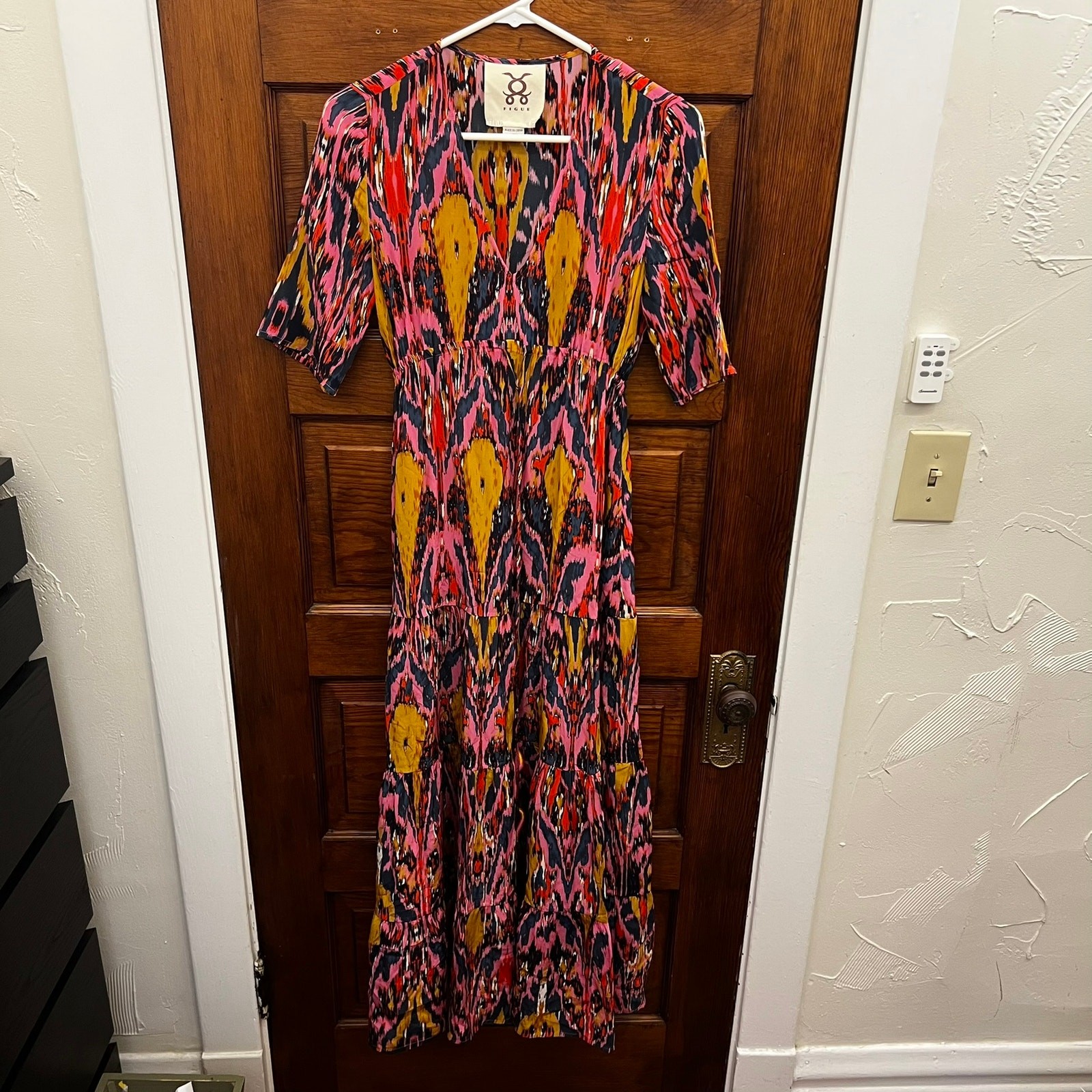 FIGUE Kalila 1/2-sleeve Ikat Caftan Dress In Pink sz XS $945 NWOT’s