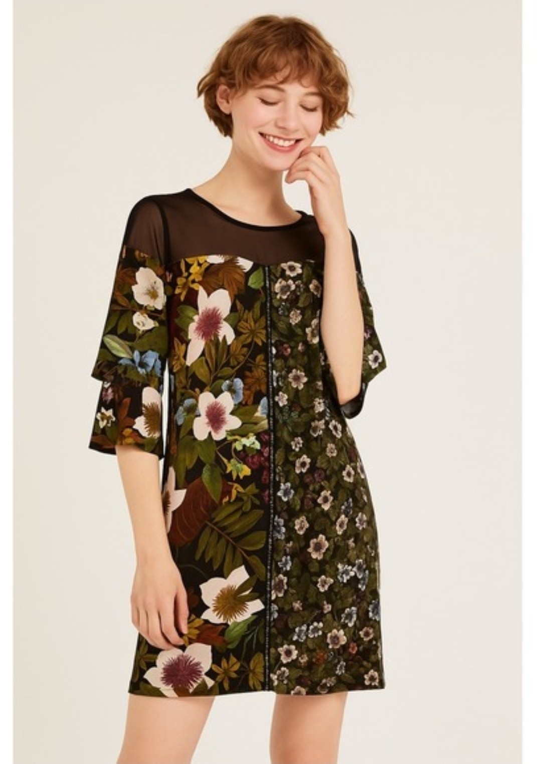 Desigual Morgana Floral Patchwork Dress Sze S Sheer Mesh Bell Sleeve Cottagecore