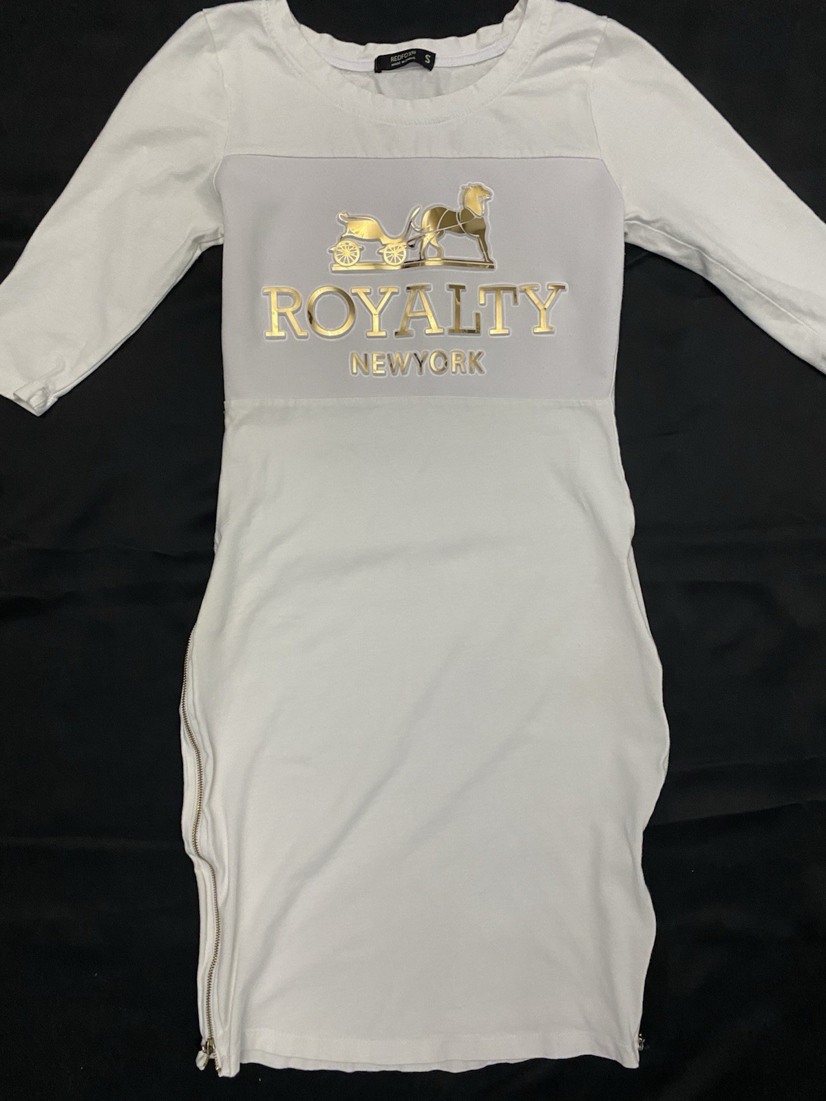 REDFOX Womens S White Solid Stretch Bodycon Midi Round Neck 3/4 Zip Logo