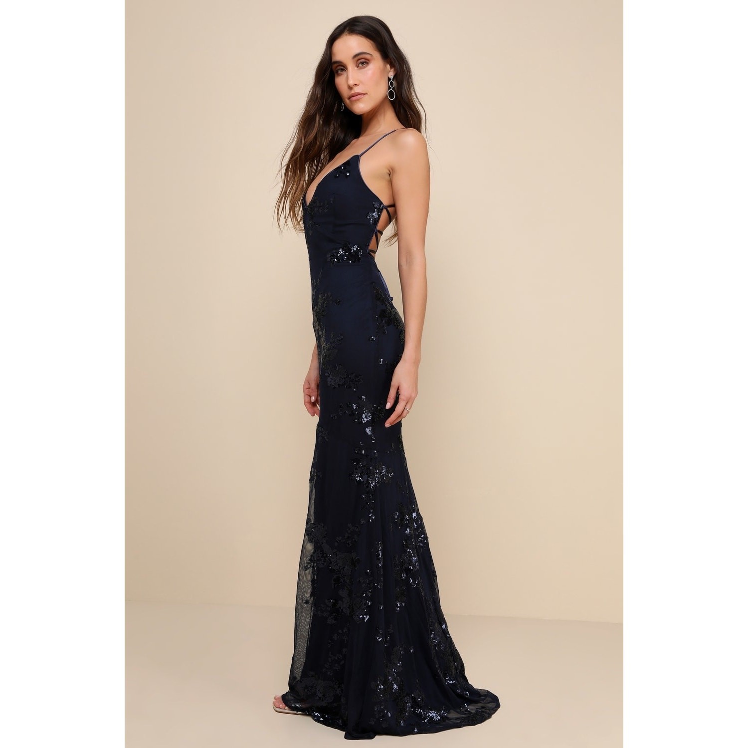 Lulus Valhalla Navy Blue Sequin Lace-Up Maxi Dress Formal Evening Glam Large NWT
