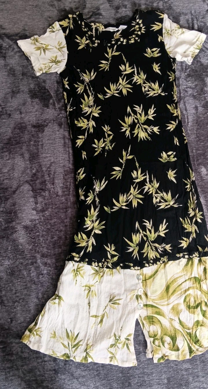 Vintage CASUAL STUDIO Black/GreenFloral Linen Dress Square Neck Short Sleeve M