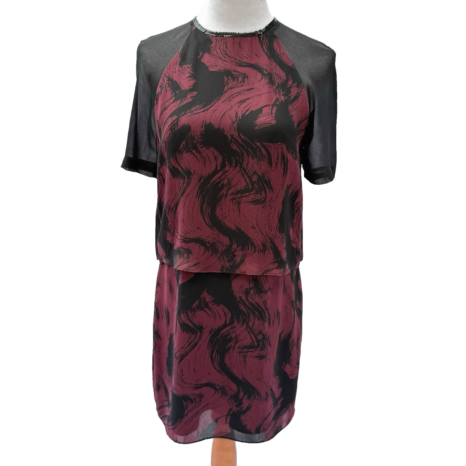 Reiss Dawn Mini Dress UK10 US6 Burgundy Black Swirl Pattern Tiered Beaded Trim