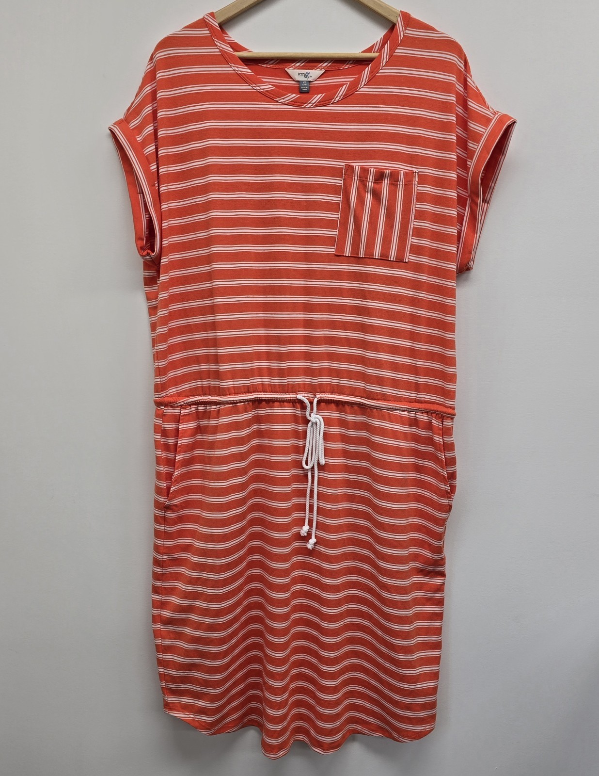 Terra & Sky Shirt Dress Sz 0X 14W Stripe Pockets Stretch Drawstring Waist Orange