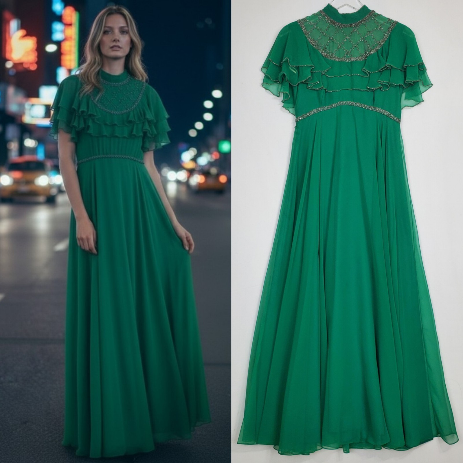 Vintage Mike Benet sz 10 ruffle rhinestone fit flare gown green luxury 70s 80s