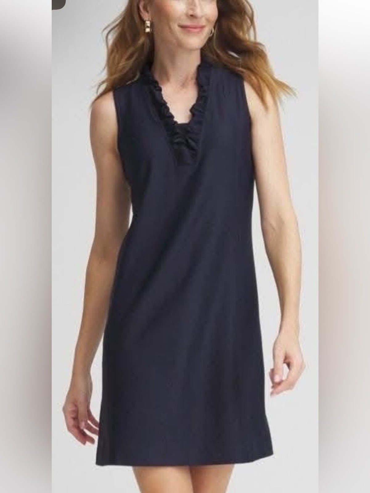 Chicos Navy Blue Ribbed Ruffle V Neck Size XL Nautical coastal casual