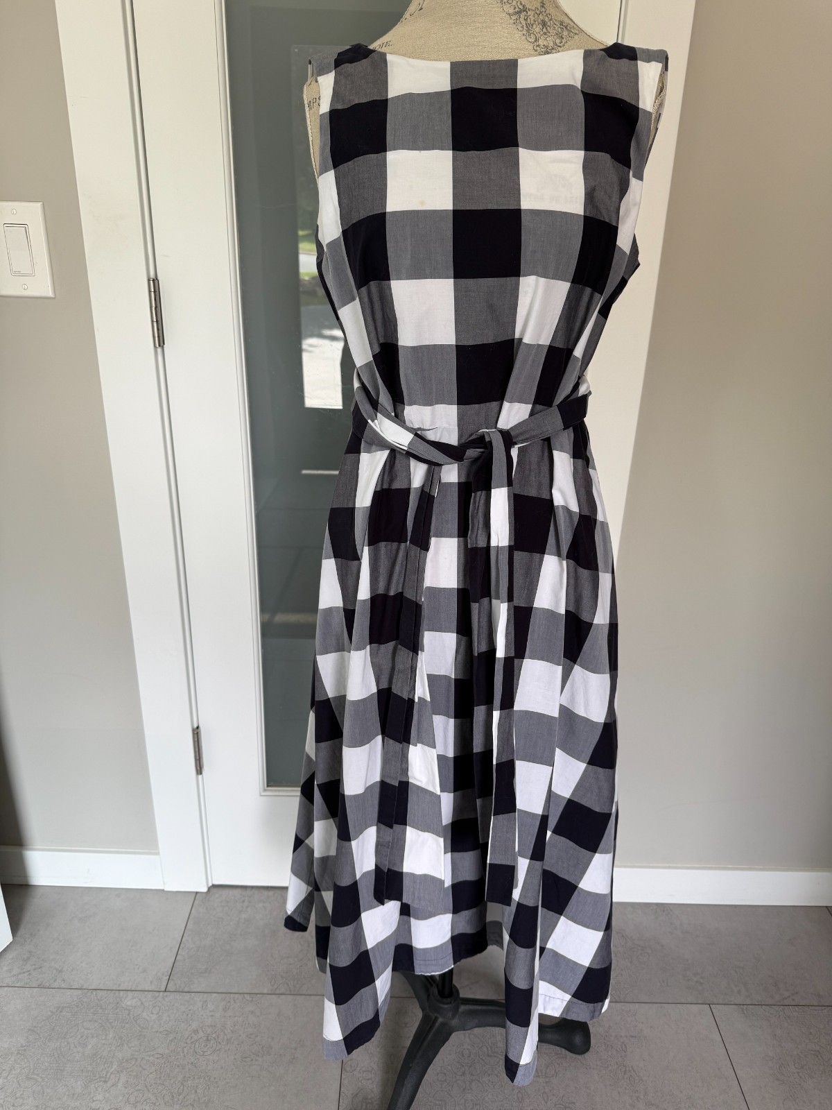 Ann Taylor Factory Black White Gingham Check Belted Midi Dress Women Size M