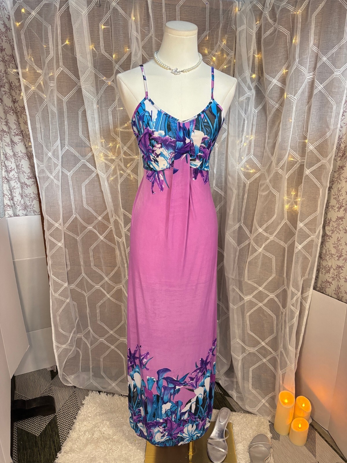 Silk Blend Tropical Floral Slip Maxi Dress Purple Blue Y2K Vacation XS