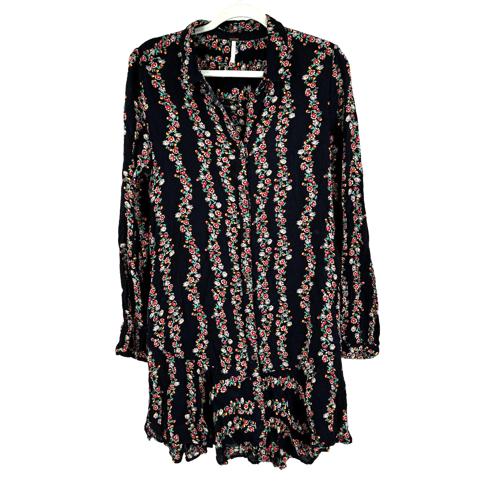 Free People Boho Floral Button Down Shirt Dress Women’s Medium Black Long Sleeve