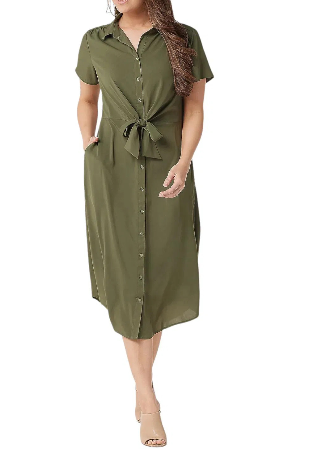 Du Jour Women’s Button Front Shirt Midi Dress with Tie Detail Olive