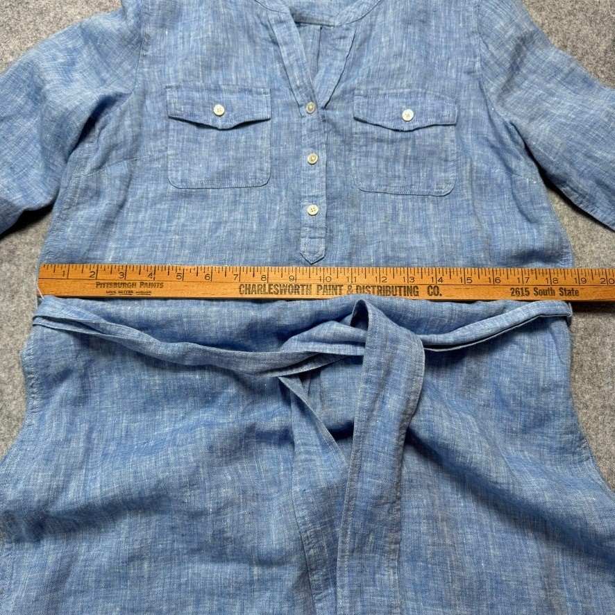 Talbots Blue 100% Linen Belted Shirtdress Small Roll Tab Sleeve Coastal