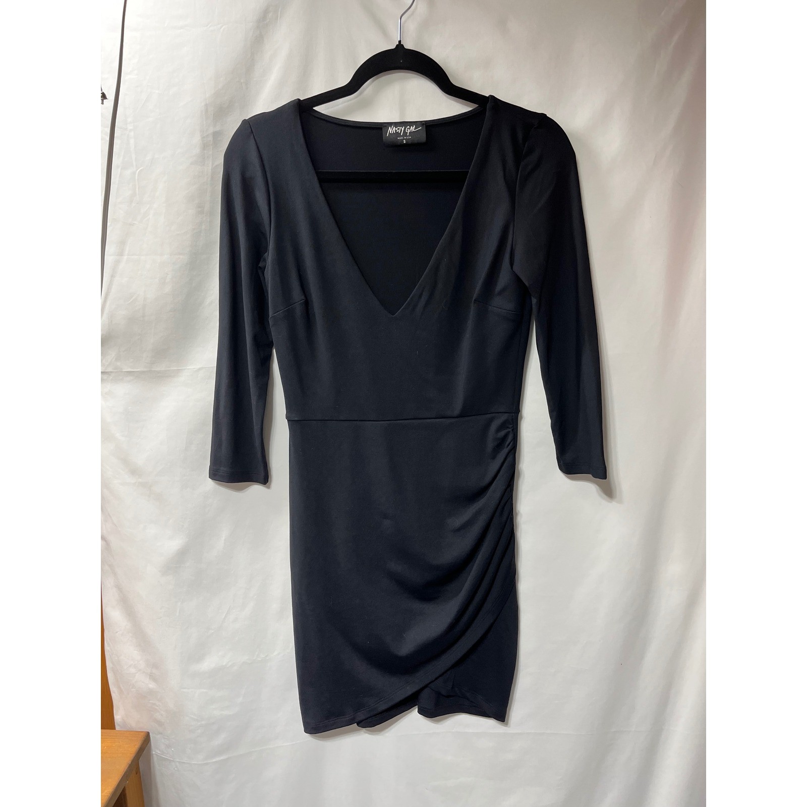 Nasty Gal Womens Black V-Neck Long Sleeve Ruched Tulip Wrap Bodycon Dress Size S
