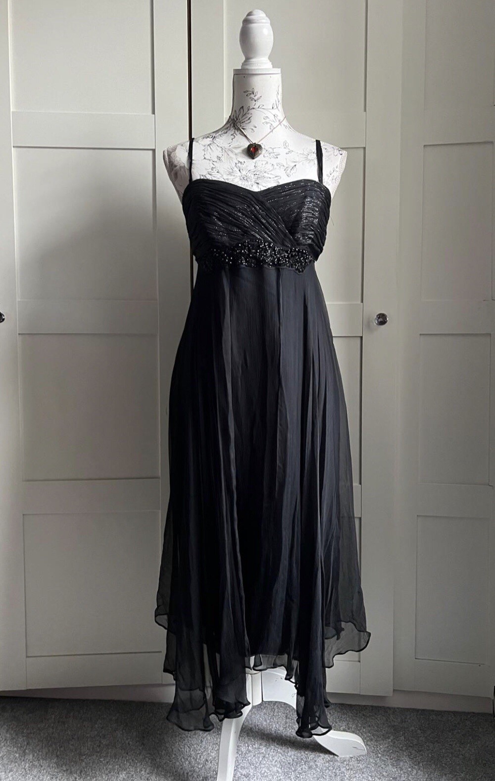 MONSOON Silk Black & Silver Evening Dress UK 12 Timeless Elegant Modern Classic