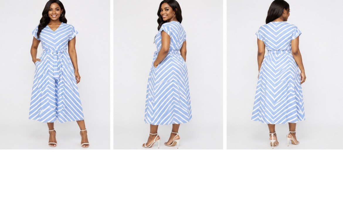 Women’s Blue/White Chevron V-Neck Short Sleeve Tie Waist A-Line Midi Dress L
