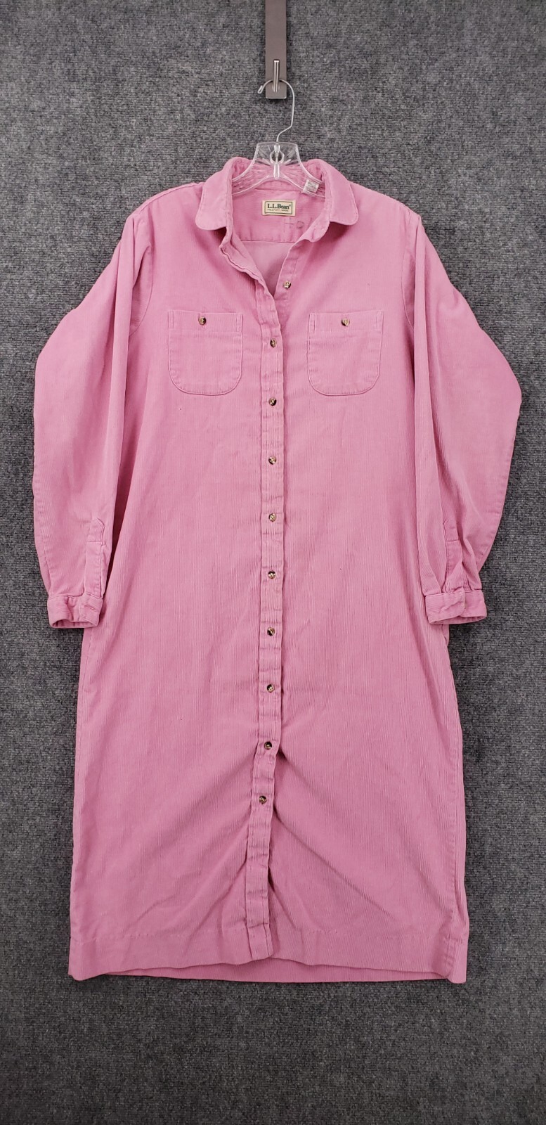 VINTAGE LL Bean Dress Womens 16 Pink Corduroy Button Up Midi Shirtdress