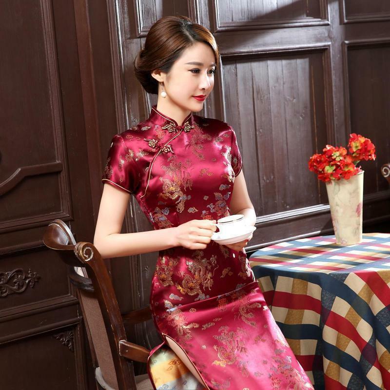 Dragon Phoenix Women’s Silk Satin Long Dress Cheongsam Qipao SZ S-6XL Dark red