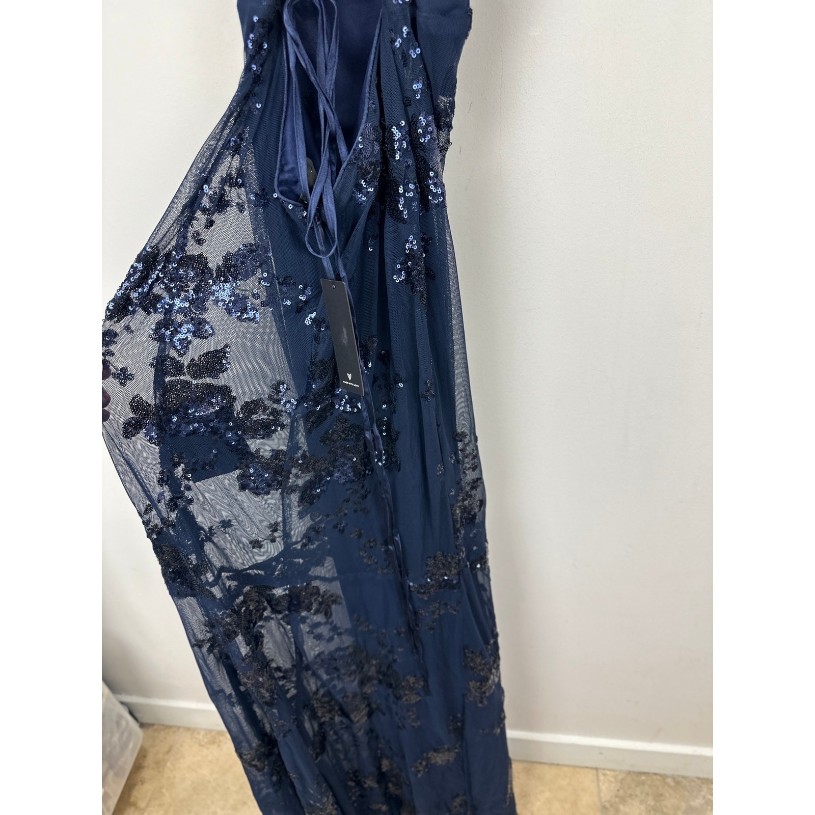 Lulus Valhalla Navy Blue Sequin Lace-Up Maxi Dress Formal Evening Glam Large NWT