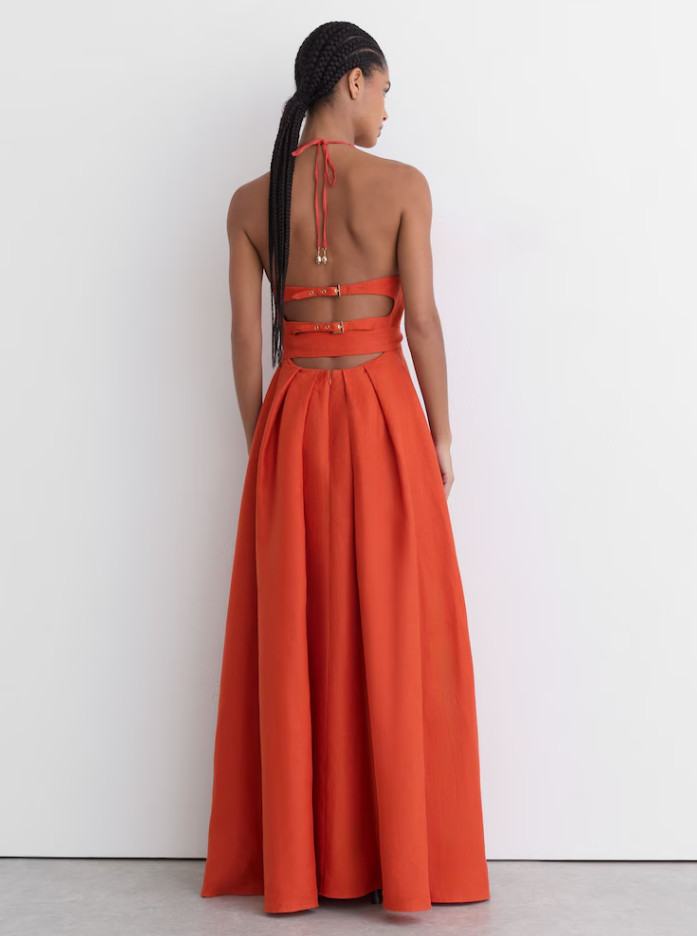 AUTH REISS Paules Linen Open-Back Maxi Dress in Coral Orange UK SZ 68/16