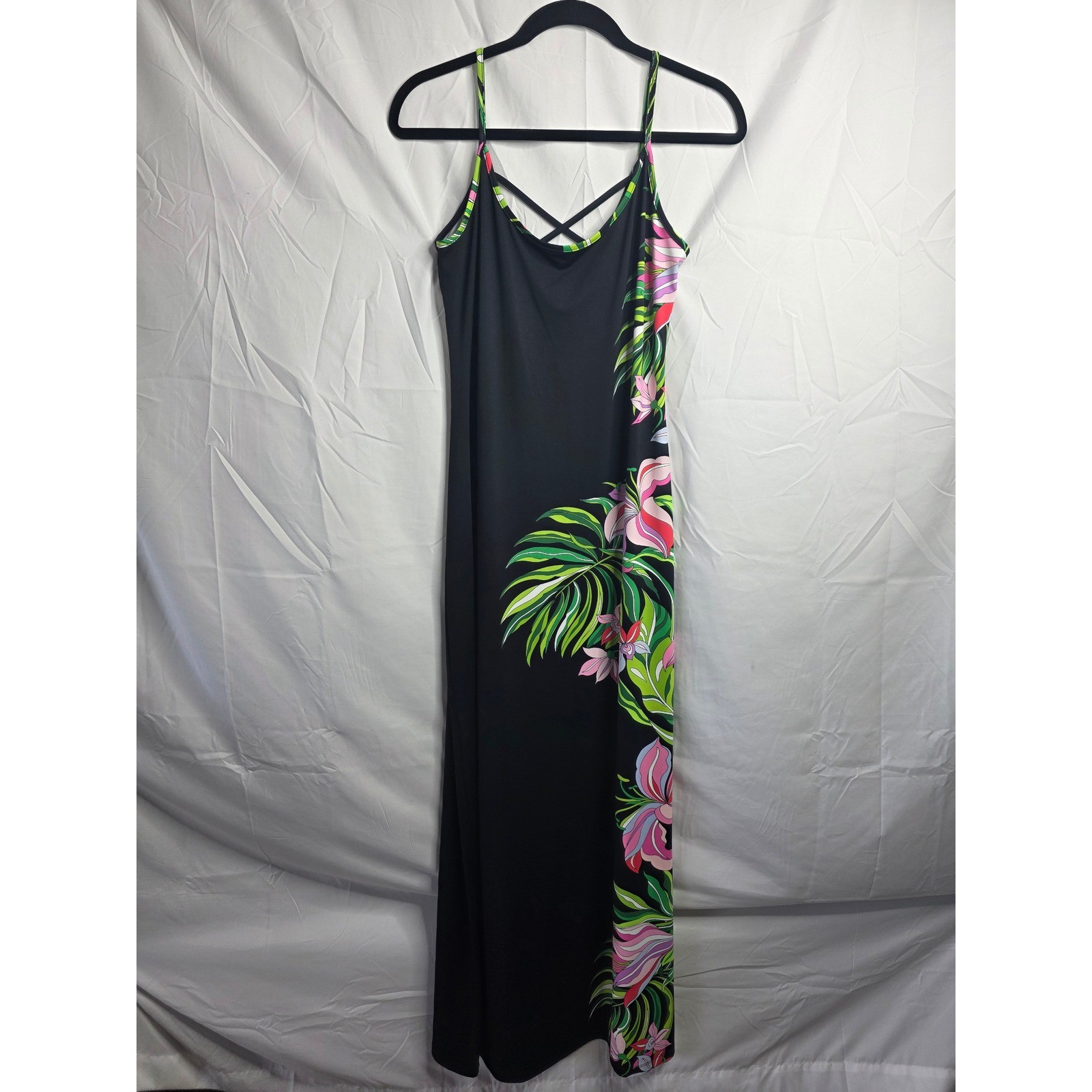 Jean-Pierre Klifa Paris Tropical Floral Maxi Dress Black Pink Green Medium