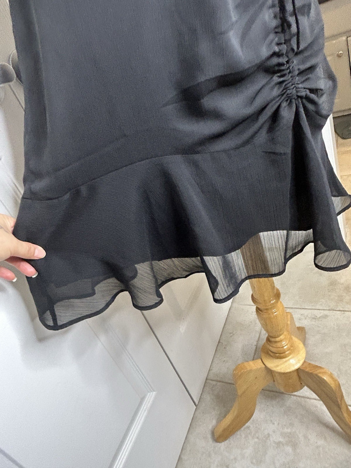 LOFT Black Chiffon Wrap Dress V-Neck Puff Short Sleeve Ruched Ruffle Hem 6P