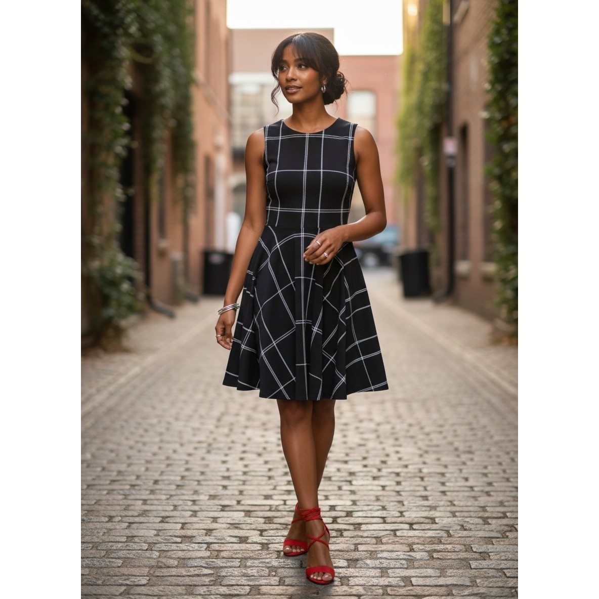 Danny and Nicole Dress Women Size 10 Black Plaid Excellent Sleeveless Fit Flare