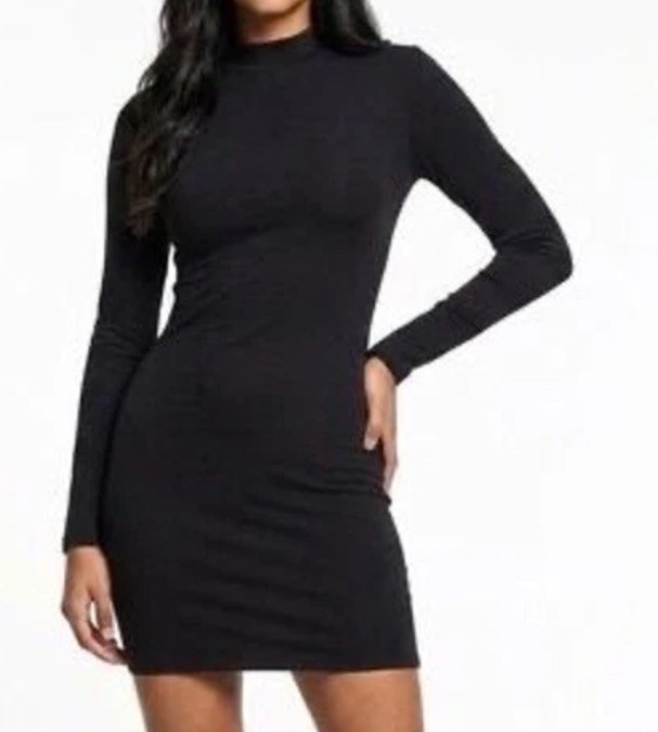 Naked Wardrobe Black Mock Neck Long Sleeve Bodycon Mini Dress *No Size Tag Sz M