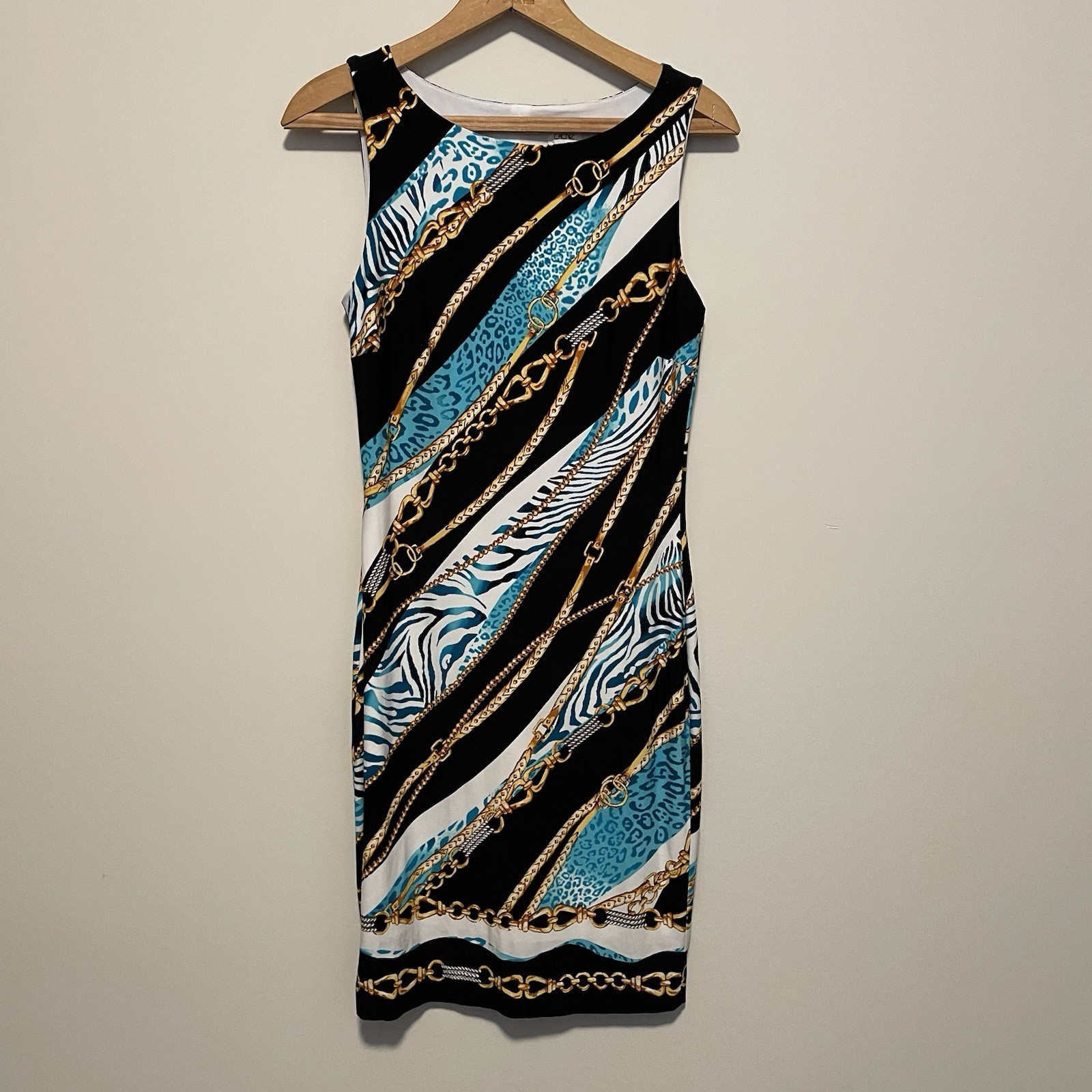 Cache Belt Chain Link Animal Print Bodycon Sheath Dress Sleeveless Clubwear 0 XS