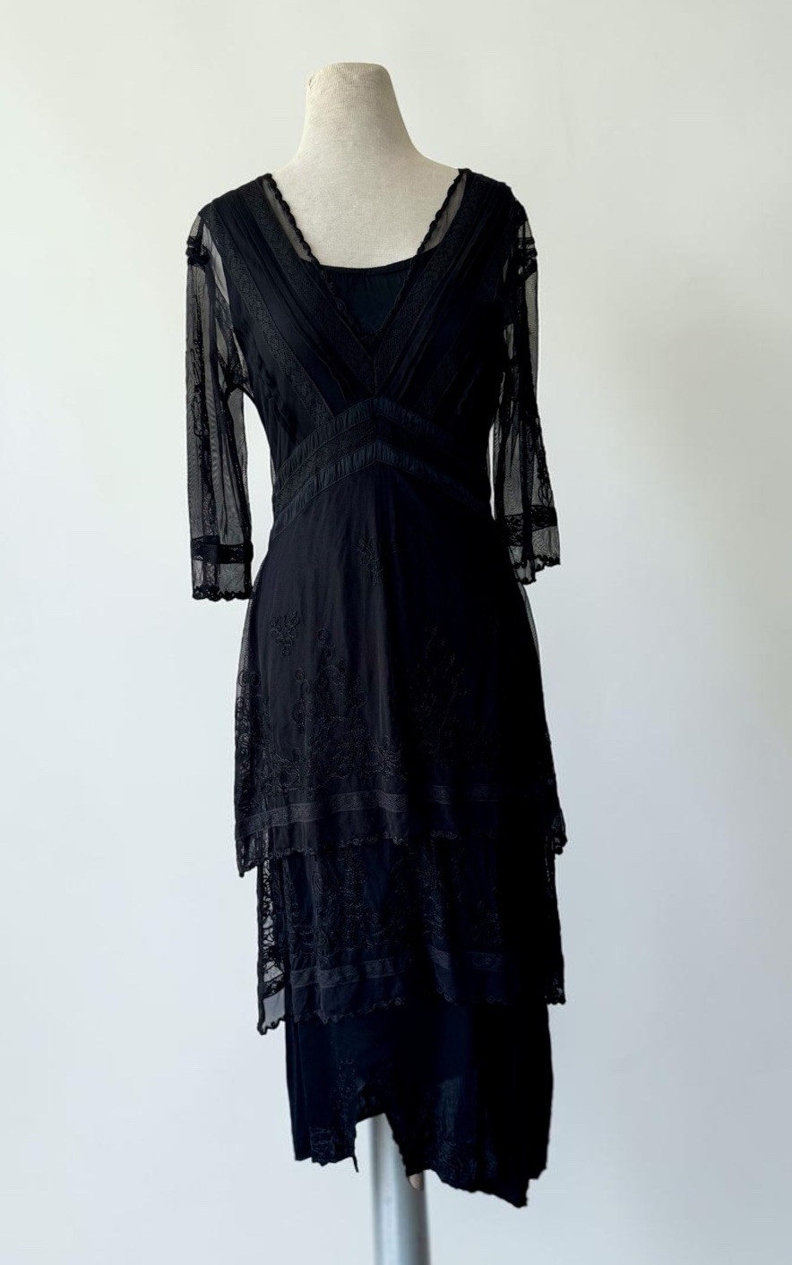Vtg 90s Nataya Black Embroidered Mesh Dress Sz M Victorian Whimsigoth Romantic