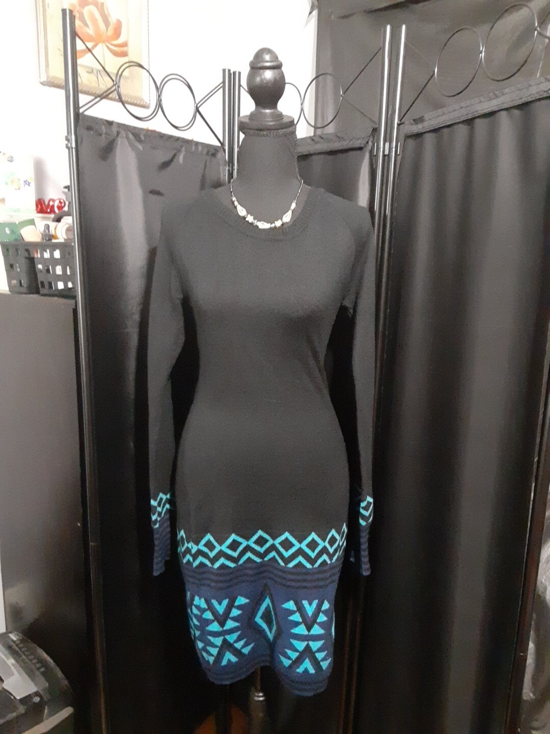 Energie Women’s Dress Long Sleeve Acrylic Black Turquoise Blue Size Large