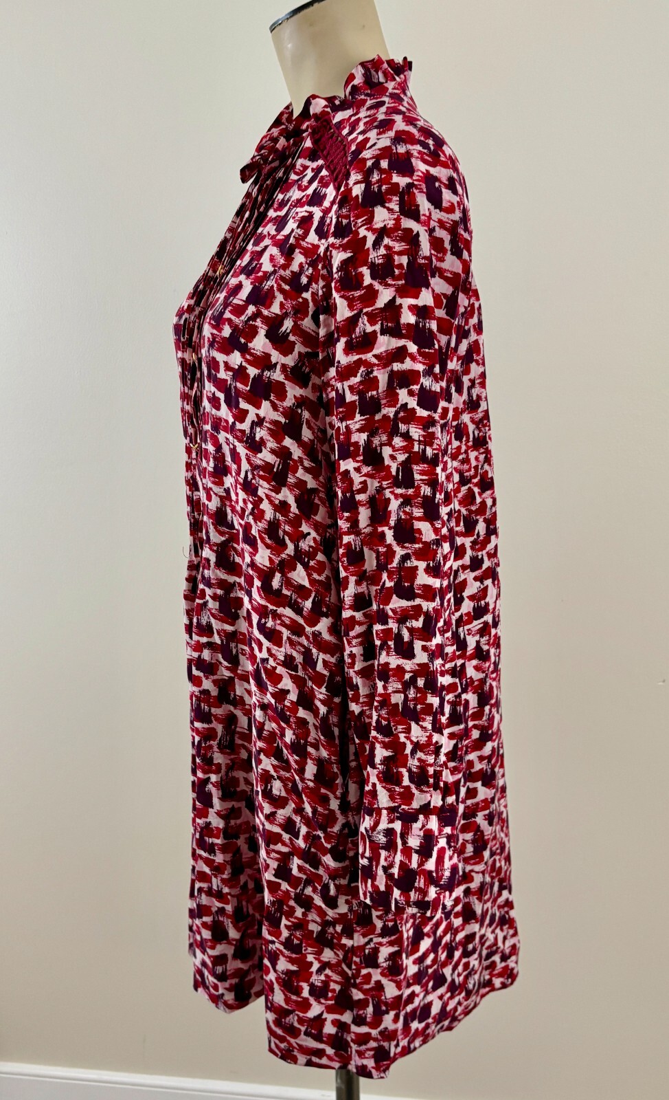 KATE SPADE Women XS Red Abstract Pintuck 100% Silk Floral Lace Long Sleeve Dress