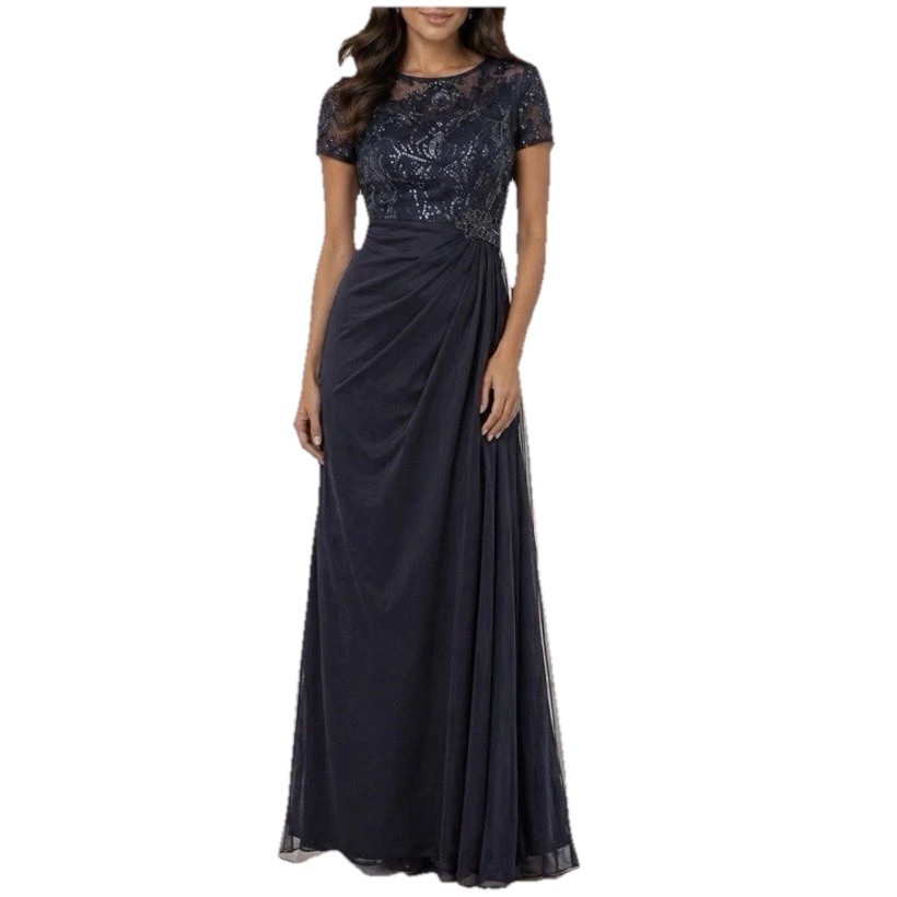 Alex Evenings Navy Blue Sequin Draped Short Sleeve Maxi Dress Size 10 Wedding